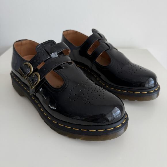 Dr Martens Mary Jane Shoes Womens 11 8065 Black Patent Leather Platform 2 Strap - Picture 1 of 16
